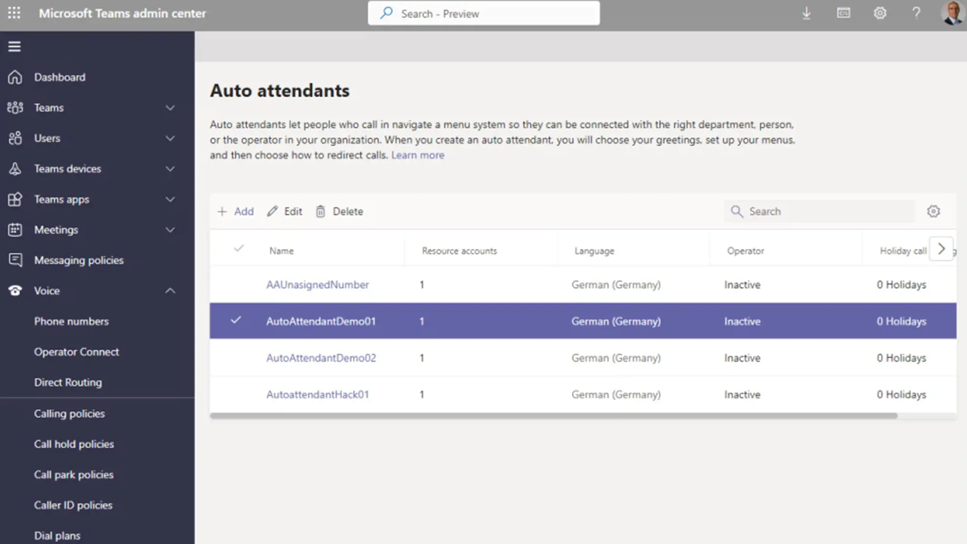 Screenshot aus Microsoft Teams mit Übersicht zu Auto Attendants