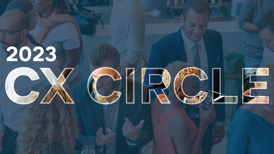 Header CX Circle 2023 Menschen im Apero mit Schriftzug 2023 CX Circle Event davor