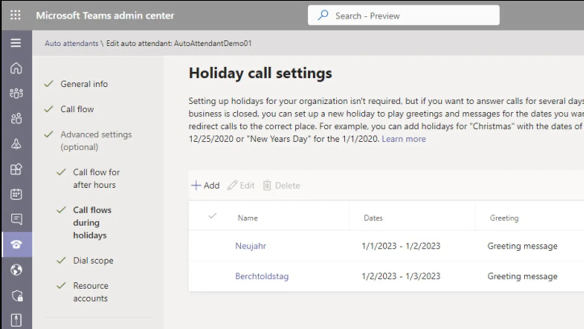Screenshot aus Microsoft Teams mit Übersicht zu Telefonie Einstellungen 