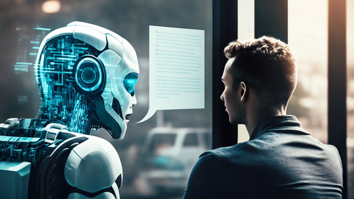 KI in Form eines Roboters spricht mit einer Person