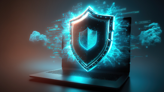 Security Application Workshop Laptop mit dunkelblauem Sicherheitswappen