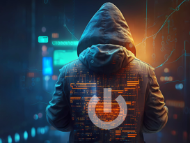 Cybersecurity Month für mehr Sicherheit Cybersecurity Hacker vor Laptop mit Code und Power Button auf dem Rücken