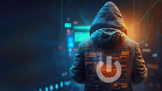 Cybersecurity Month für mehr Sicherheit Cybersecurity Hacker vor Laptop mit Code und Power Button auf dem Rücken