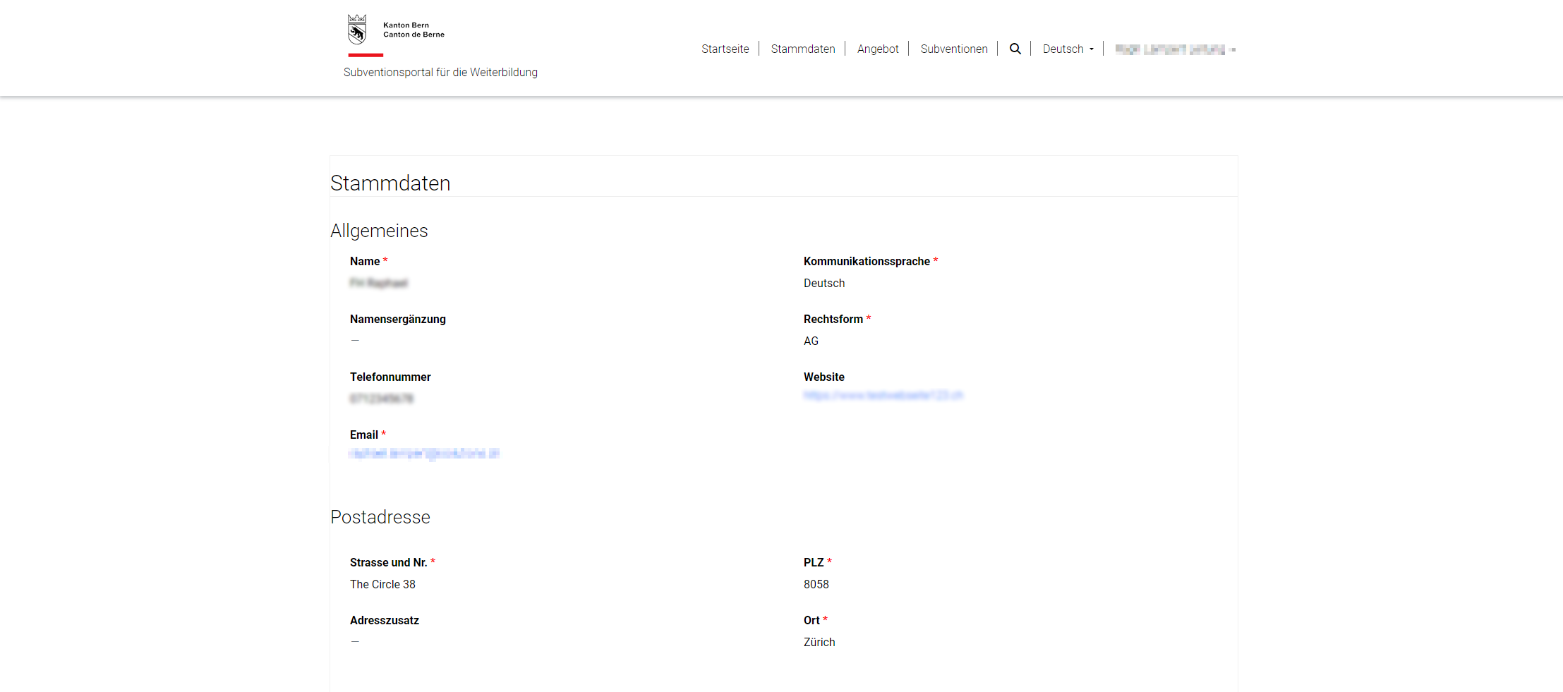Screenshot Subventionsportal für die Weiterbildung