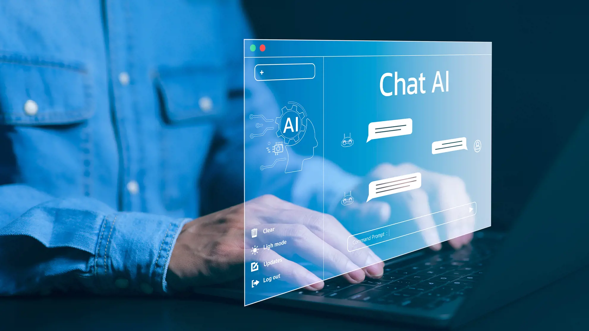 Mann am Lapto stellt Fragen an Chat AI via Prompts
