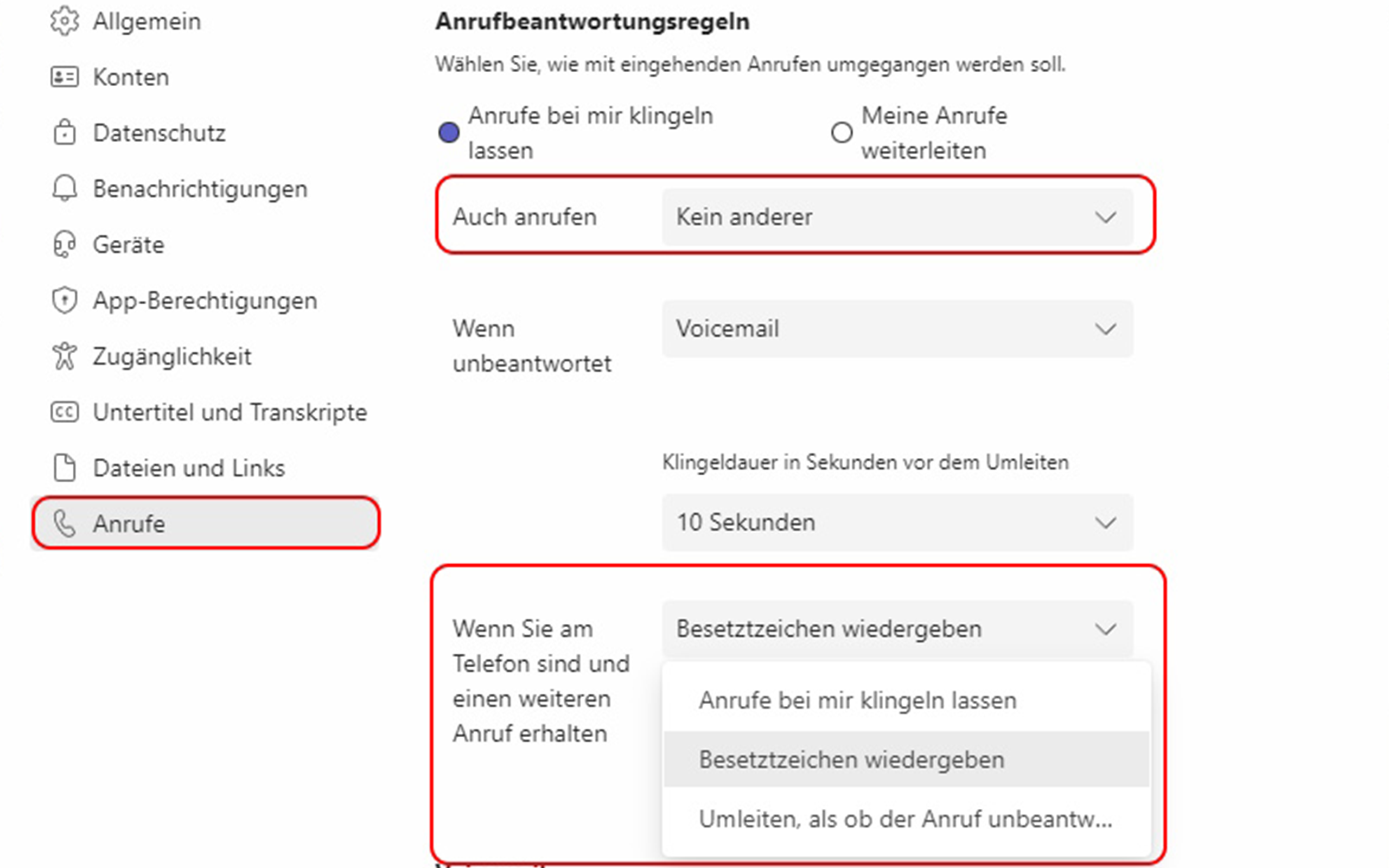 Screenshots aus Microsoft Teams Telefonie betreffend Einstellungen der Anrufbeantwortung
