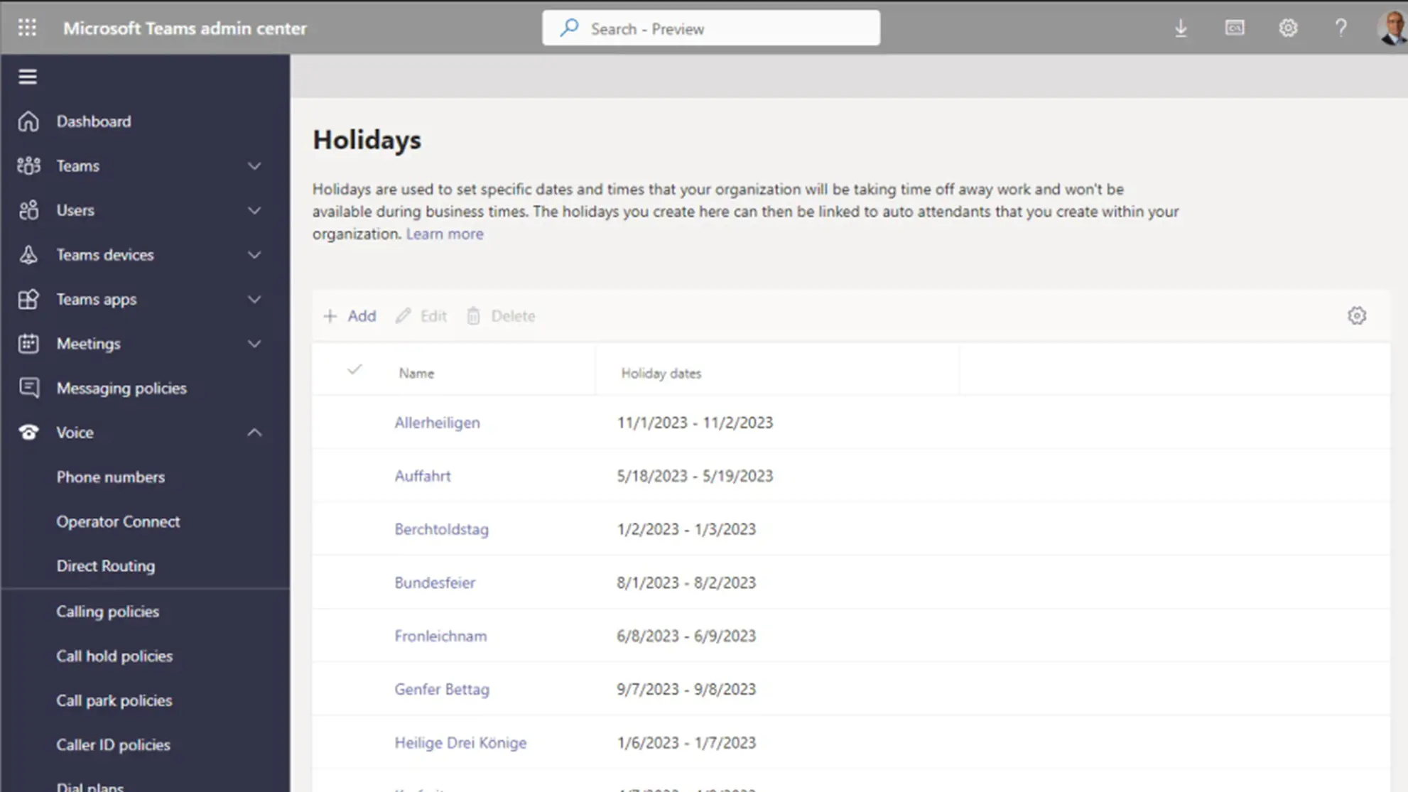 Screenshots aus Admin Center von Microsoft Teams mit Feiertagen