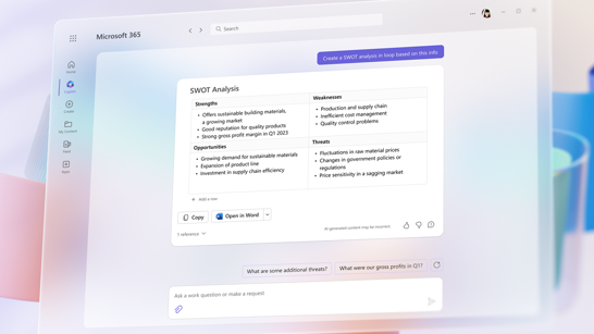 Microsoft 365 Copilot SWOT Analyse Ausschnitt von Microsoft 365 Copilot in Microsoft 365 mit SWOT Analyse