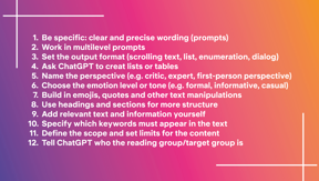 Graphic ChatGPT Suggestions 12 recommendations for ChatGPT handling on a fab background