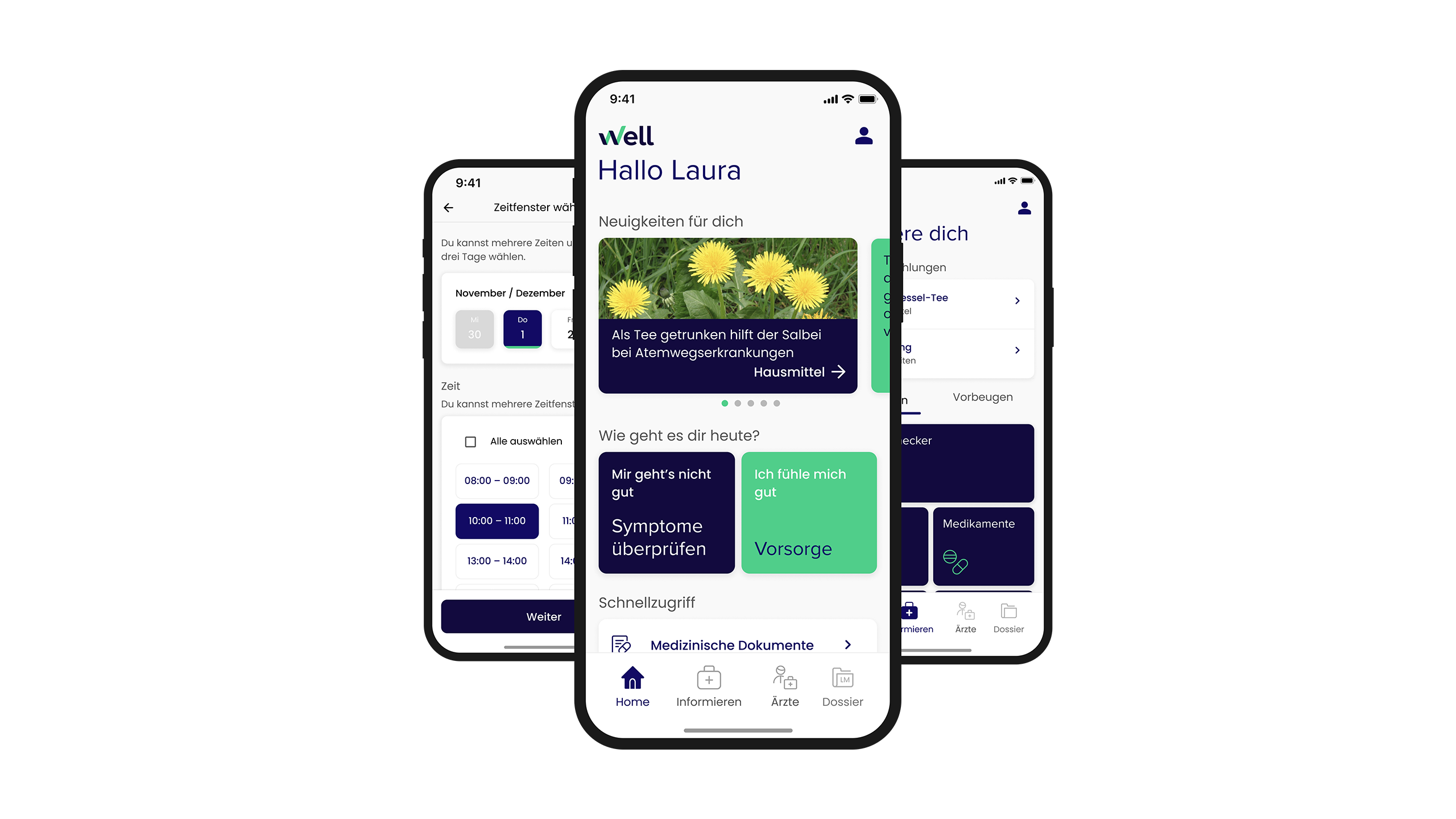 Drei iPhones, welche die App von Well Gesundheit zeigen