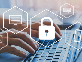 Application Security Blog Header Hände die auf Laptop tippen und im Vordergrund Sicherheitsicons