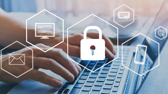 Application Security Blog Header Hände die auf Laptop tippen und im Vordergrund Sicherheitsicons